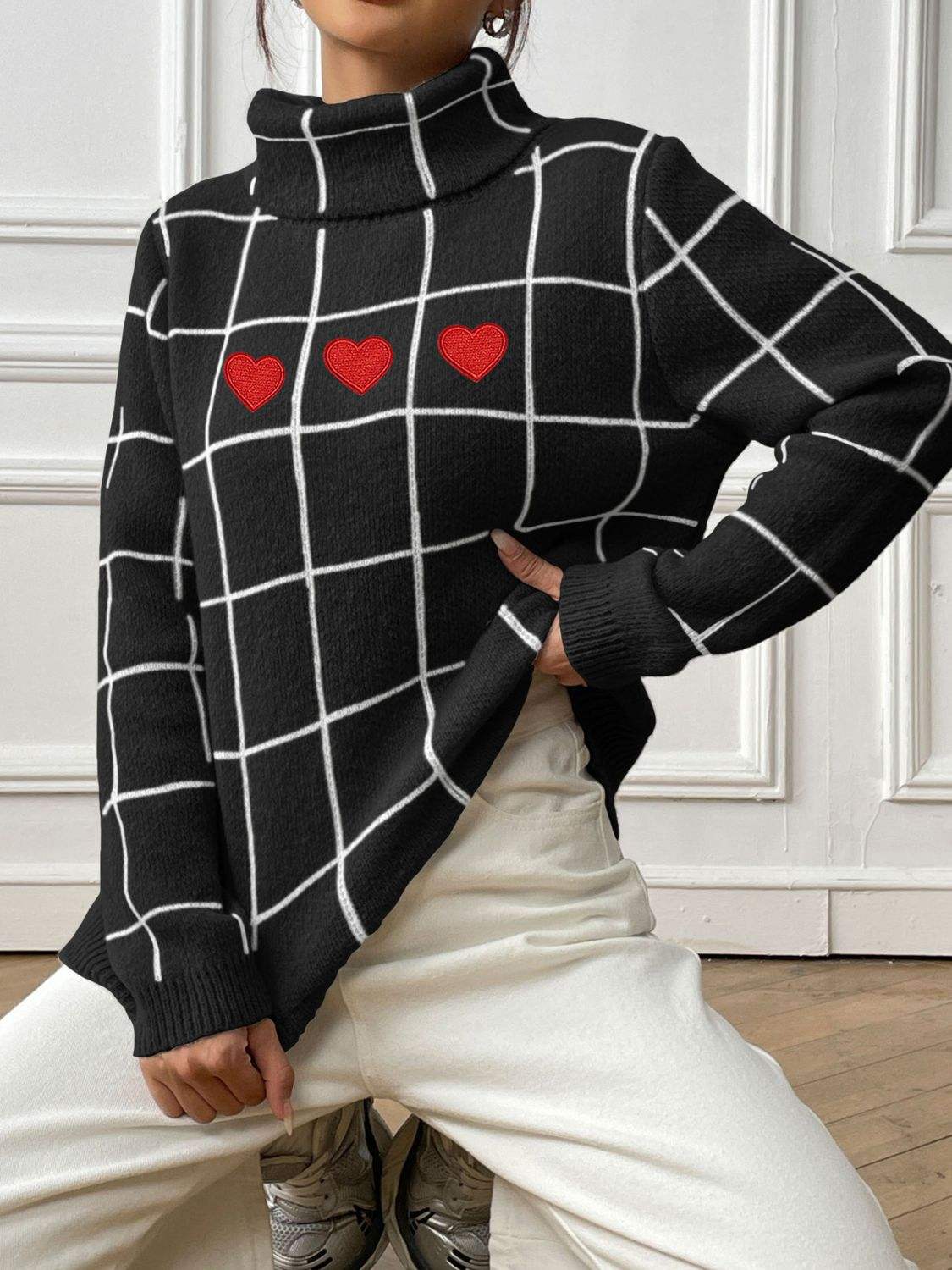 Heart Plaid Turtleneck Long Sleeve Sweater - Trendsi - Flyclothing LLC
