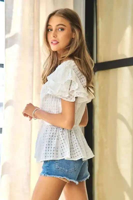 Davi & Dani Shirring V-Neck Ruffle Gingham Plaid Printed Top - Trendsi - Flyclothing LLC