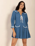 Tie Front Pleated Three-Quarter Sleeve Mini Dress - Trendsi