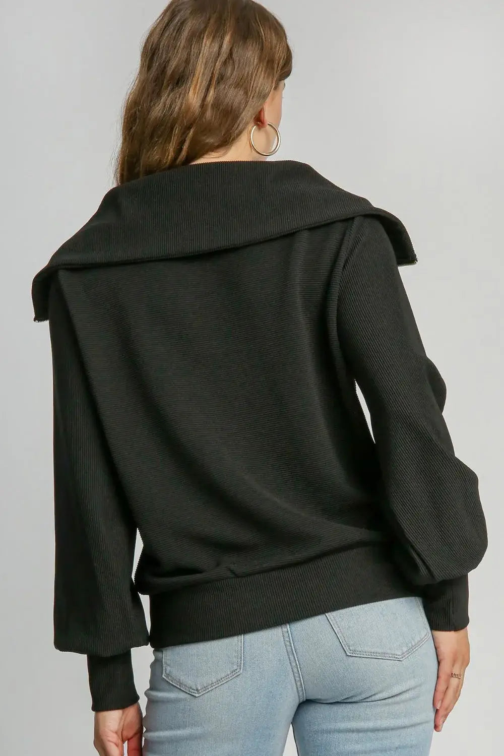 Umgee Full Size Ribbed Knit Half Zipper Sweatshirt Plus Size - Trendsi - Flyclothing LLC