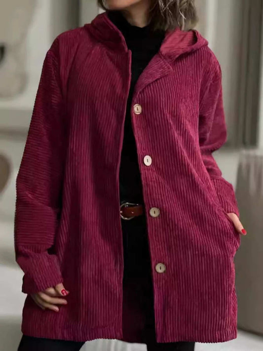 Full Size Corduroy Hooded Button-Up Jacket Plus Size - Trendsi - Flyclothing LLC
