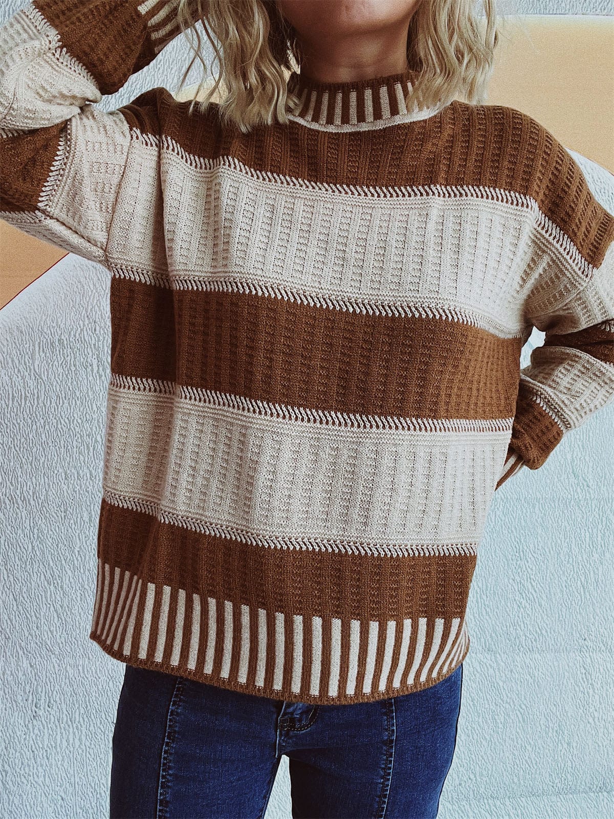 Contrast Round Neck Long Sleeve Sweater - Trendsi