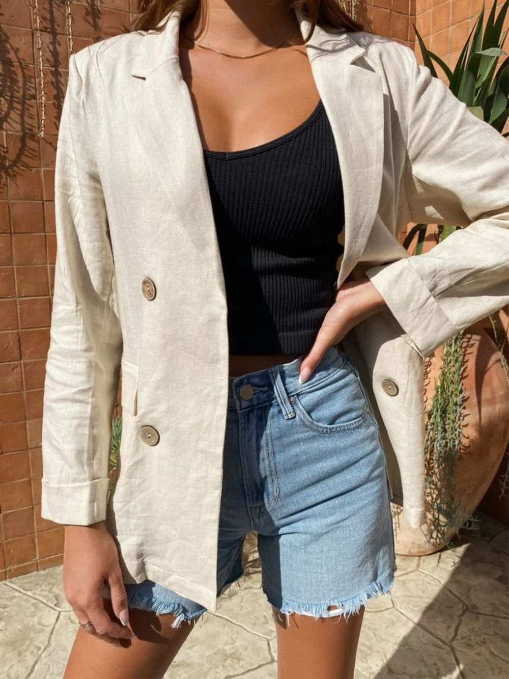 Lapel Collar Long Sleeve Blazer - Trendsi