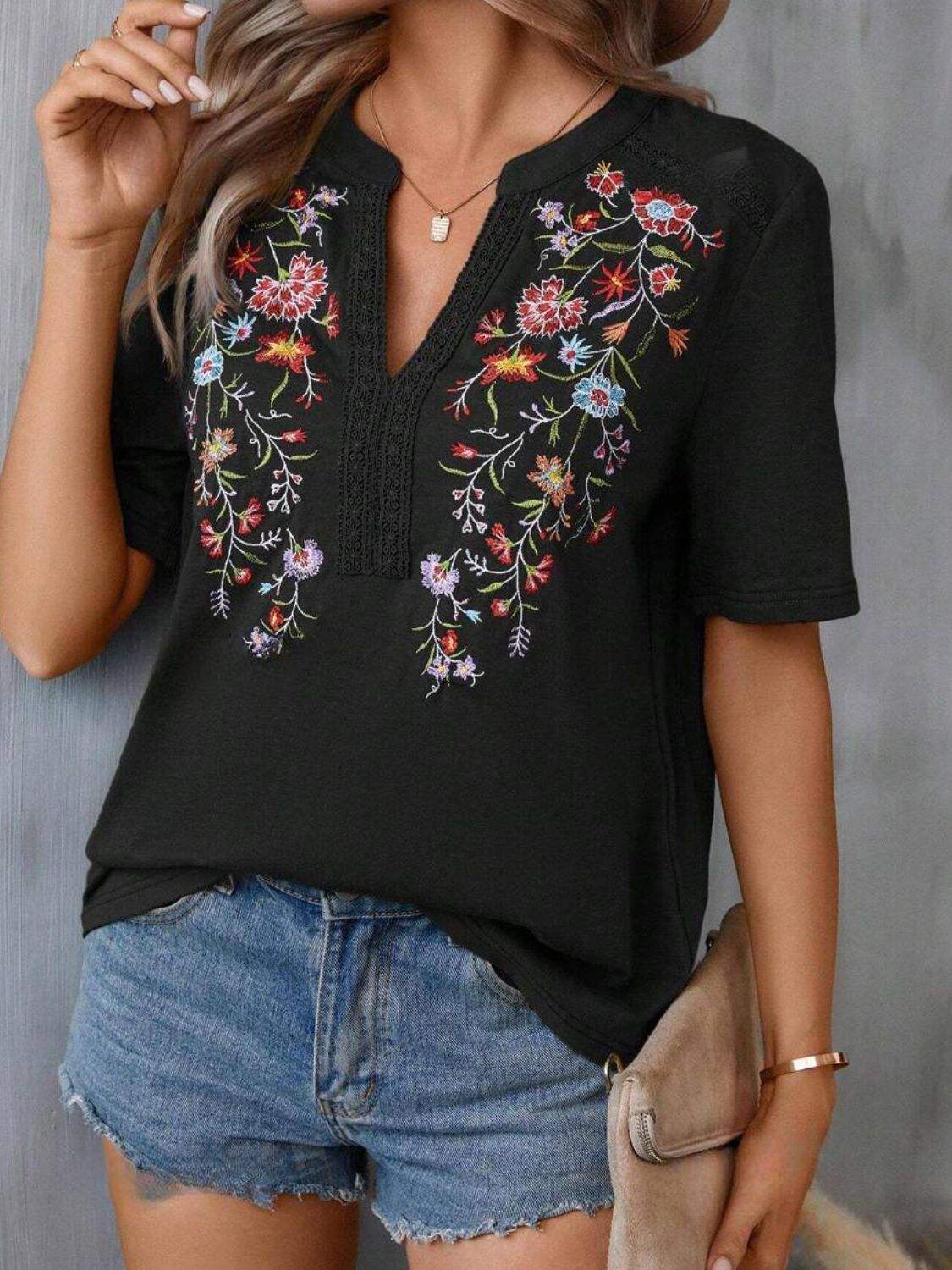 Embroidered Notched Short Sleeve T-Shirt - Trendsi - Flyclothing LLC