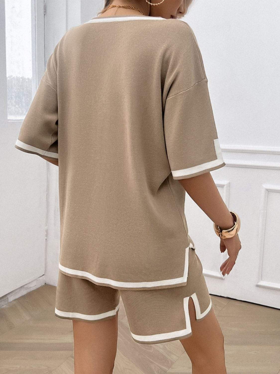 Contrast Trim V-Neck Top and Shorts Set - Trendsi - Flyclothing LLC