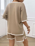 Contrast Trim V-Neck Top and Shorts Set - Trendsi - Flyclothing LLC