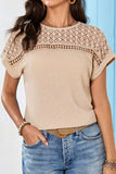 Lace Patchwork Waffle Short Sleeve Knit Top - Trendsi - Flyclothing LLC