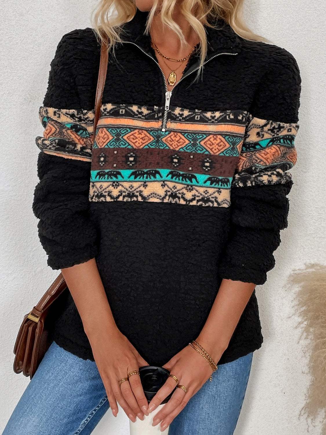 Quarter Zip Geometric Long Sleeve Sweatshirt - Trendsi - Flyclothing LLC