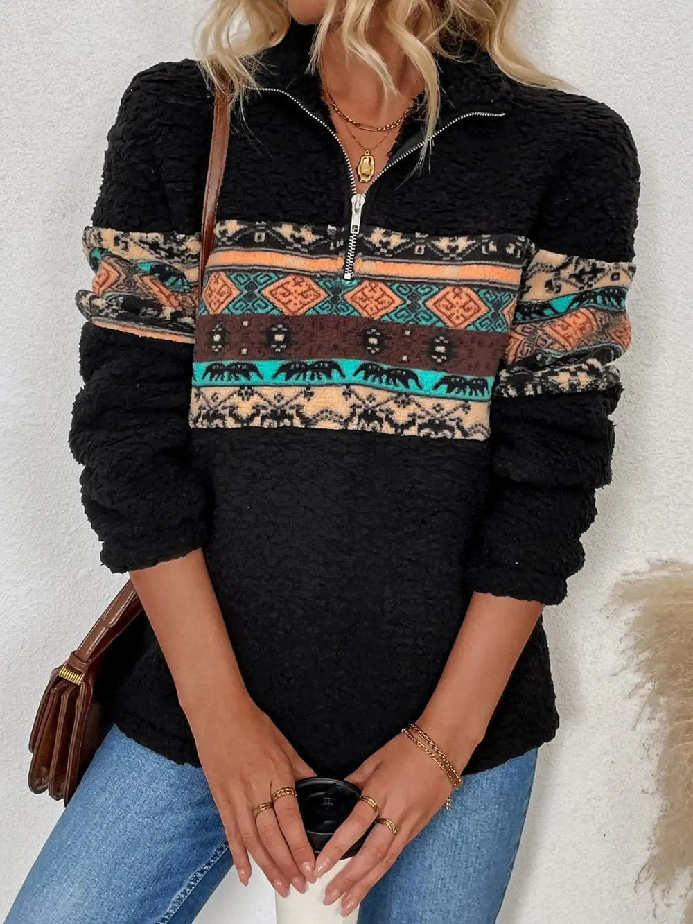 Quarter Zip Geometric Long Sleeve Sweatshirt - Trendsi