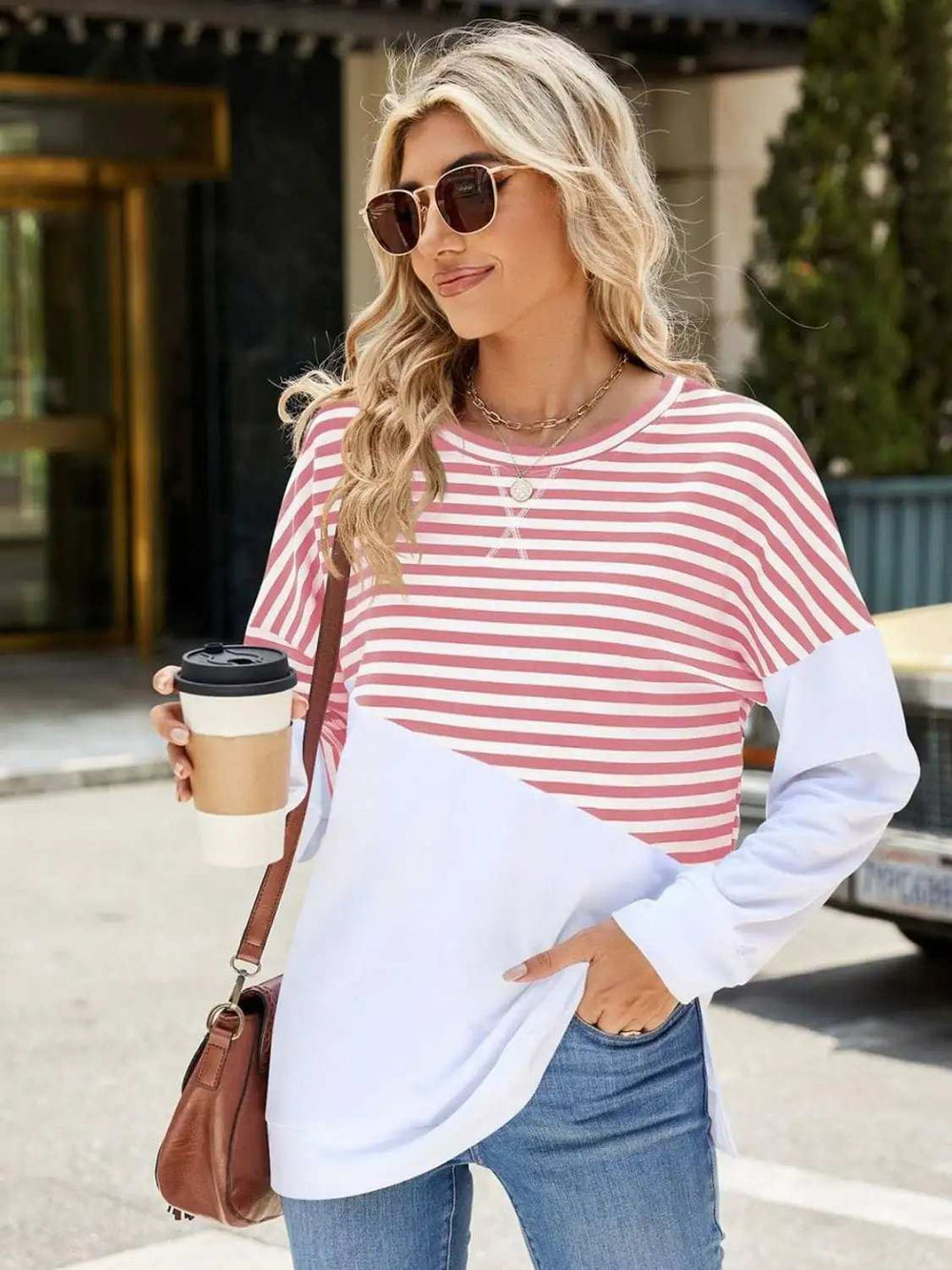 Slit Contrast Striped Long Sleeve Sweatshirt - Trendsi - Flyclothing LLC
