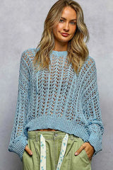 POL Openwork Round Neck High Low Knit Top - Trendsi - Flyclothing LLC