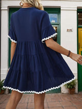 Contrast Trim Notched Short Sleeve Mini Dress - Trendsi - Flyclothing LLC
