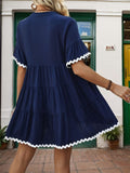 Contrast Trim Notched Short Sleeve Mini Dress - Trendsi