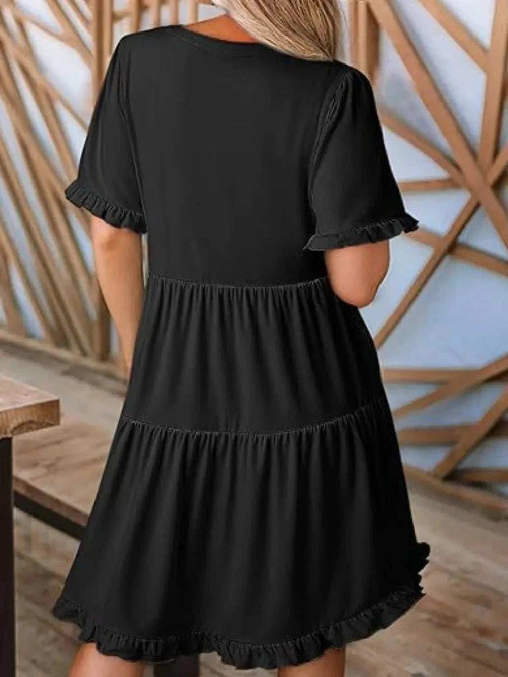 Tiered Notched Short Sleeve Mini Dress - Trendsi - Flyclothing LLC