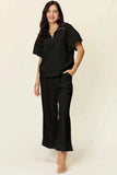 Double Take Full Size Texture Half Zip Short Sleeve Top and Pants Set - Trendsi - Flyclothing LLC