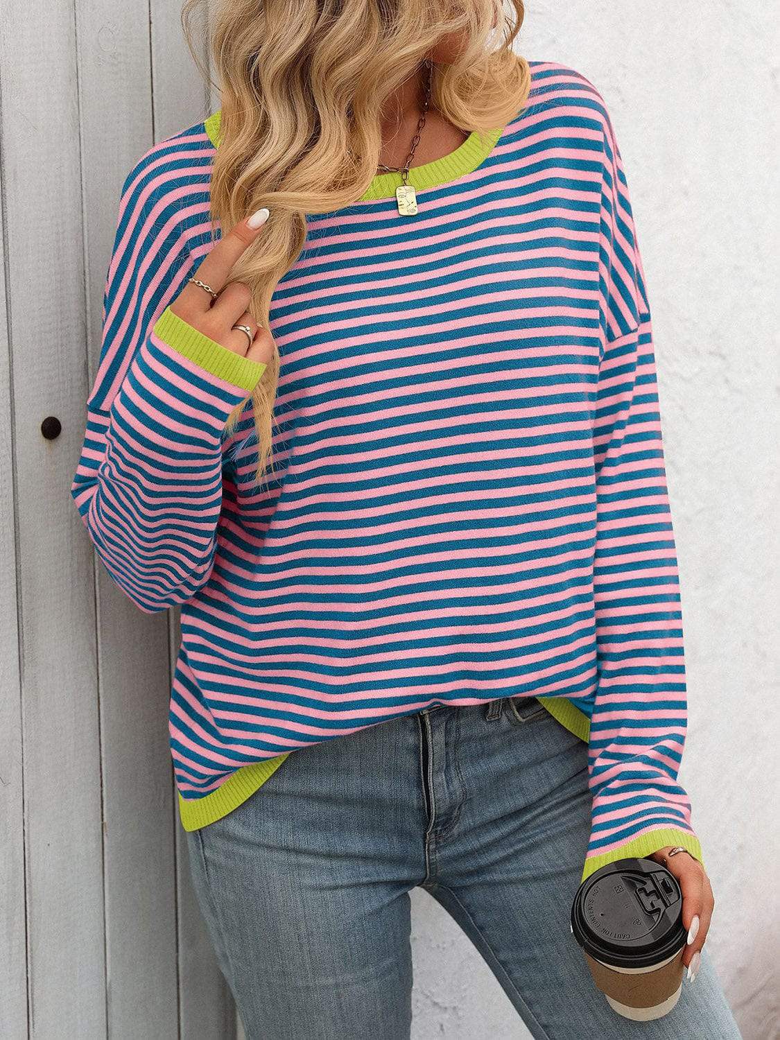 Mandy Striped Round Neck Long Sleeve Sweater - Trendsi - Flyclothing LLC