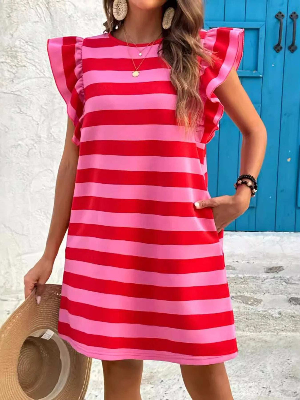 Striped Ruffle Sleeve Casual Summer Dress - Trendsi - Flyclothing LLC