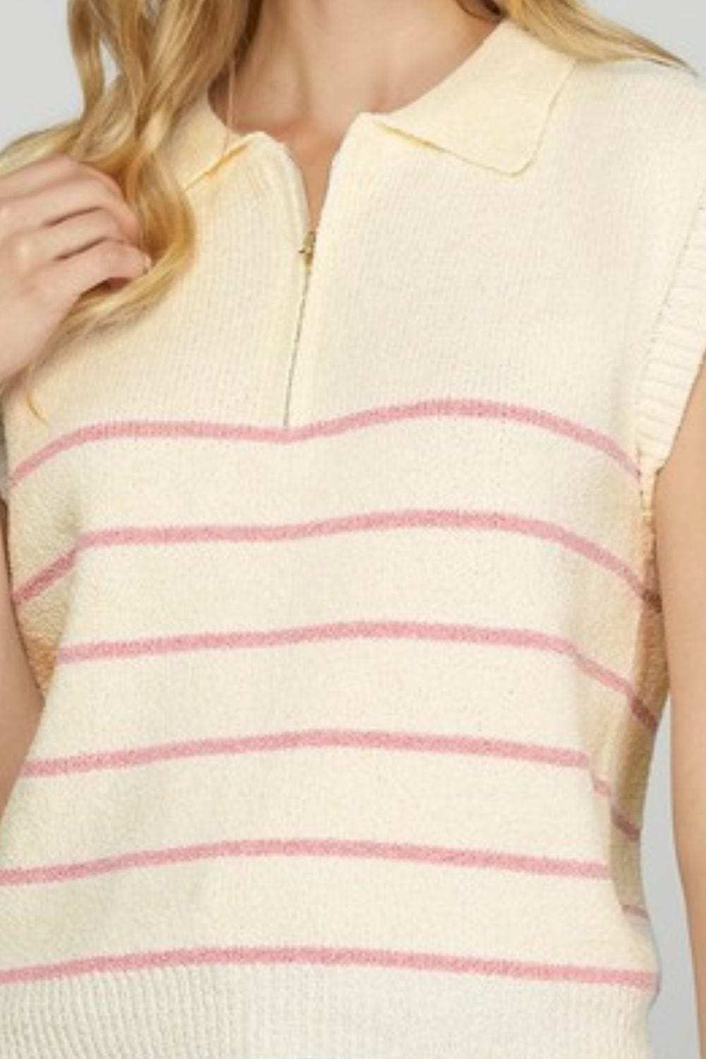 She + Sky Full Size Ribbed Hem Striped Half Zip Sweater Vest Plus Size - Trendsi - Flyclothing LLC