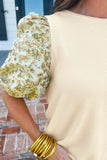 Floral Puff Sleeve Ribbed Blouse - Trendsi