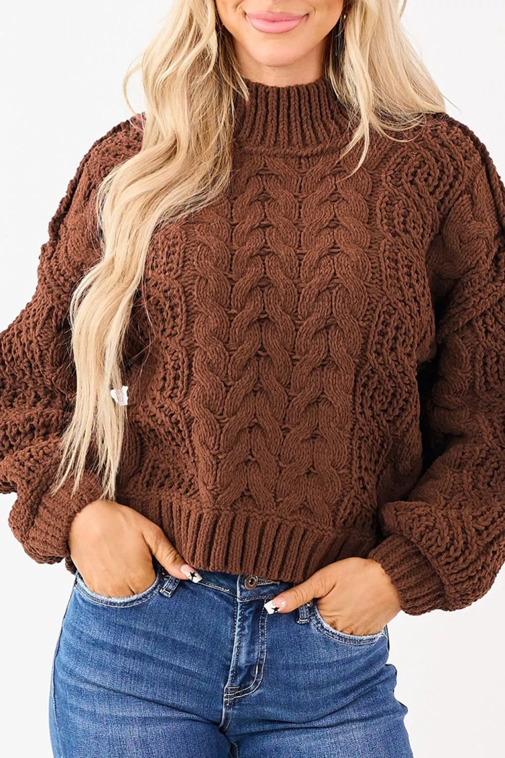 Mock Neck Cable Knit Sweater - Trendsi - Flyclothing LLC
