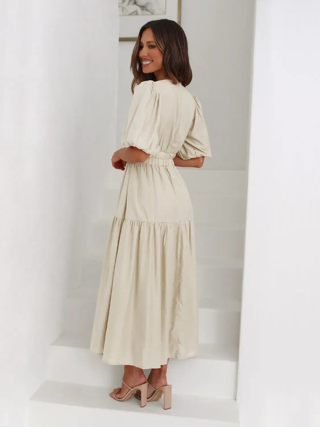 Tiered Surplice Half Sleeve Midi Dress - Trendsi - Flyclothing LLC
