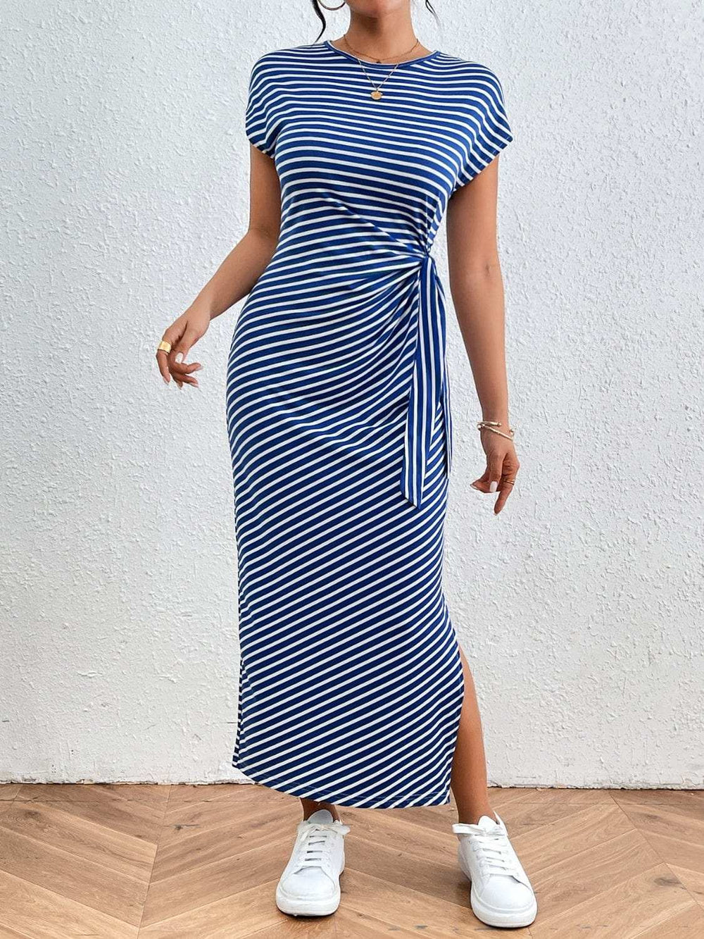 Tied Striped Round Neck Short Sleeve Tee Dress - Trendsi - Flyclothing LLC