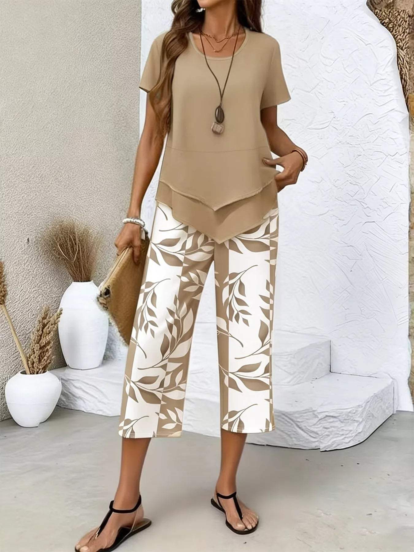 Layered Top and Leaf Print Cropped Pants Set - Trendsi - Flyclothing LLC
