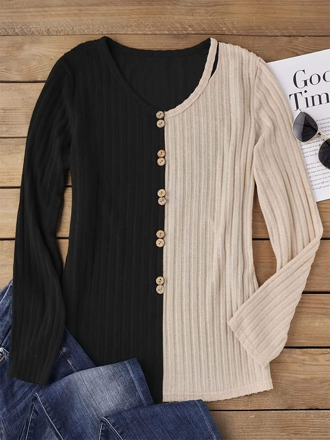 Decorative Button Contrast Round Neck Long Sleeve T-Shirt - Trendsi - Flyclothing LLC