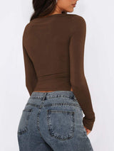Tied Slit Round Neck Long Sleeve T-Shirt - Trendsi - Flyclothing LLC