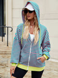 Drawstring Striped Zip Up Long Sleeve Hoodie - Trendsi - Flyclothing LLC