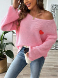 Heart Boat Neck Dropped Shoulder Sweater - Trendsi - Flyclothing LLC