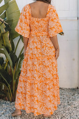 Floral Print Smocked V Neck Wide Sleeve Maxi Dress - Trendsi - Flyclothing LLC