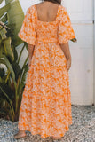 Floral Print Smocked V Neck Wide Sleeve Maxi Dress - Trendsi