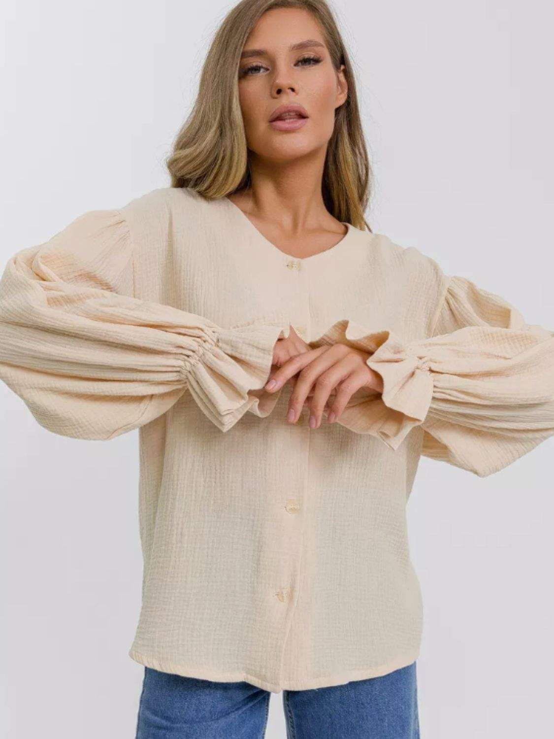 Button Up Flounce Sleeve Shirt - Trendsi - Flyclothing LLC