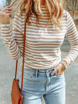Striped Textured Knit Long Sleeve Tee - Trendsi - Flyclothing LLC