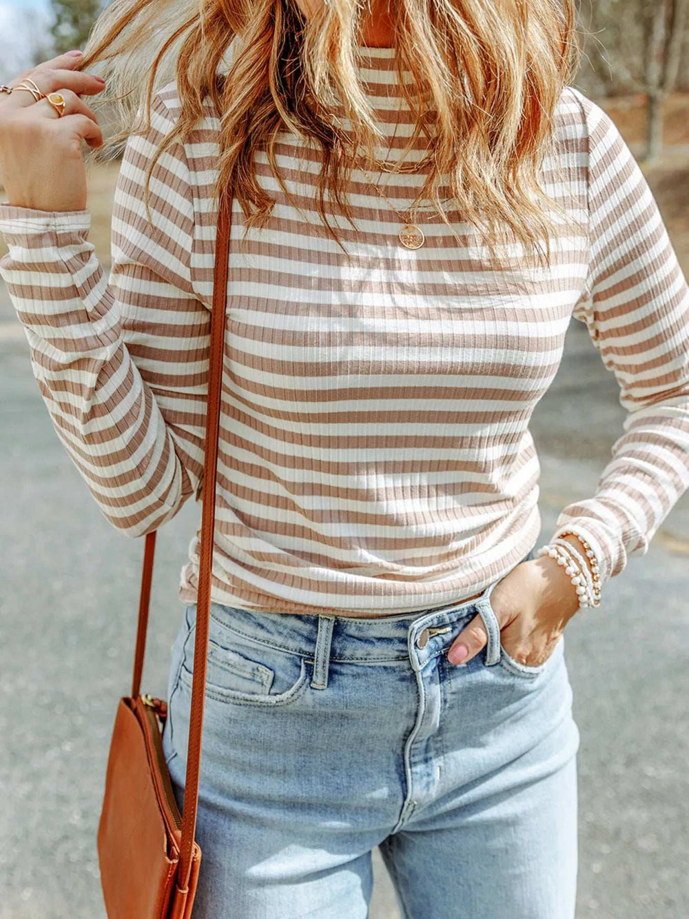 Striped Textured Knit Long Sleeve Tee - Trendsi - Flyclothing LLC