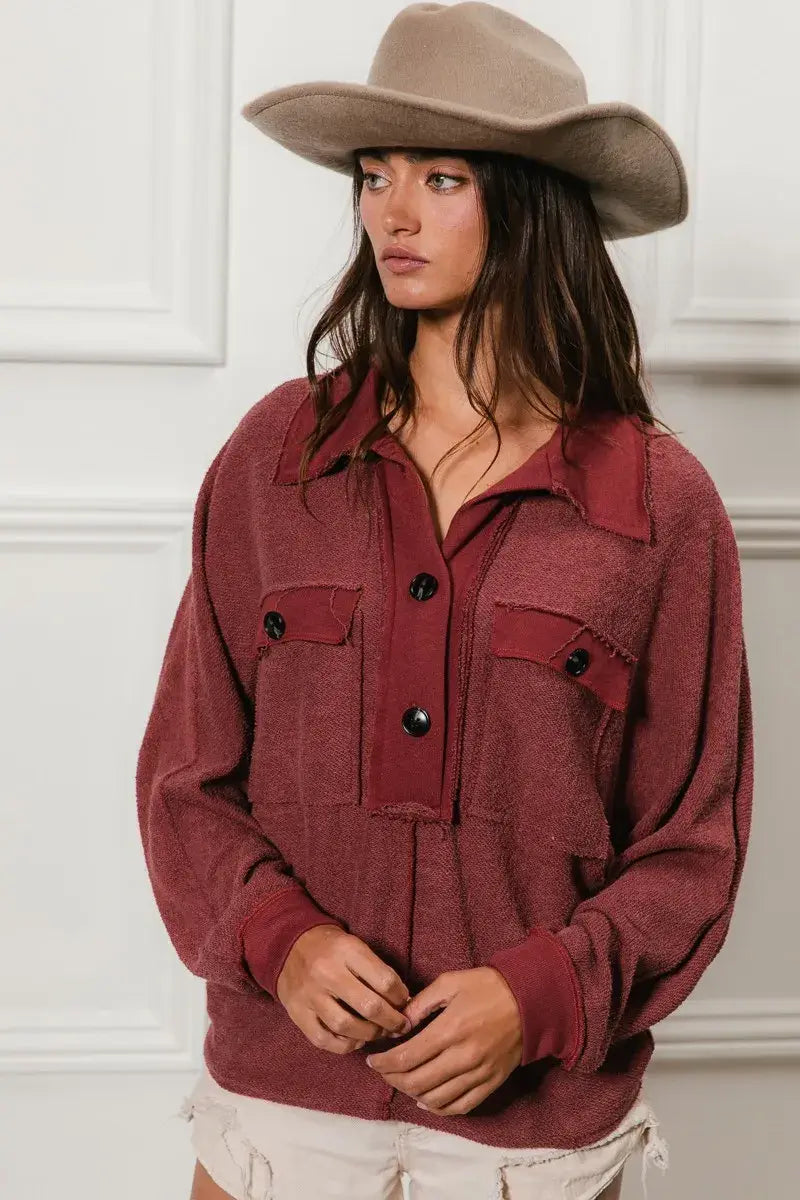 BiBi Cp French Terry Cut Edge Detail Collared Top - Trendsi - Flyclothing LLC