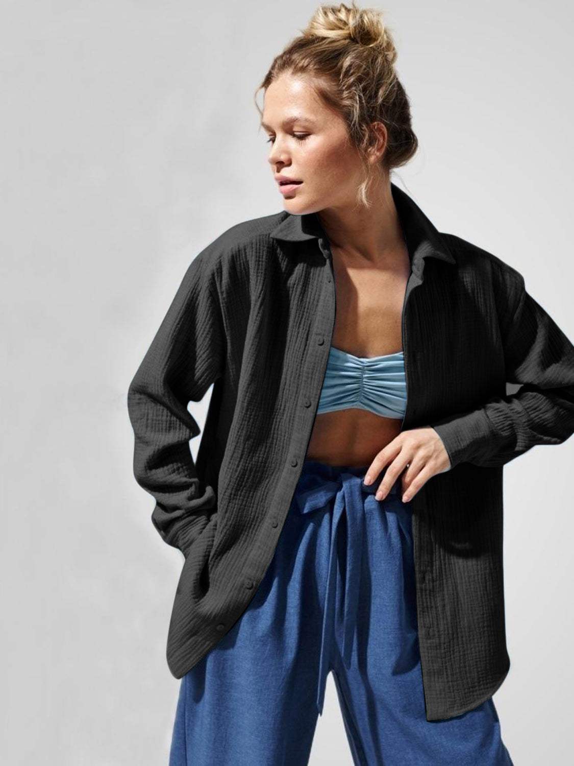 Textured Collared Neck Long Sleeve Shirt - Trendsi - Flyclothing LLC