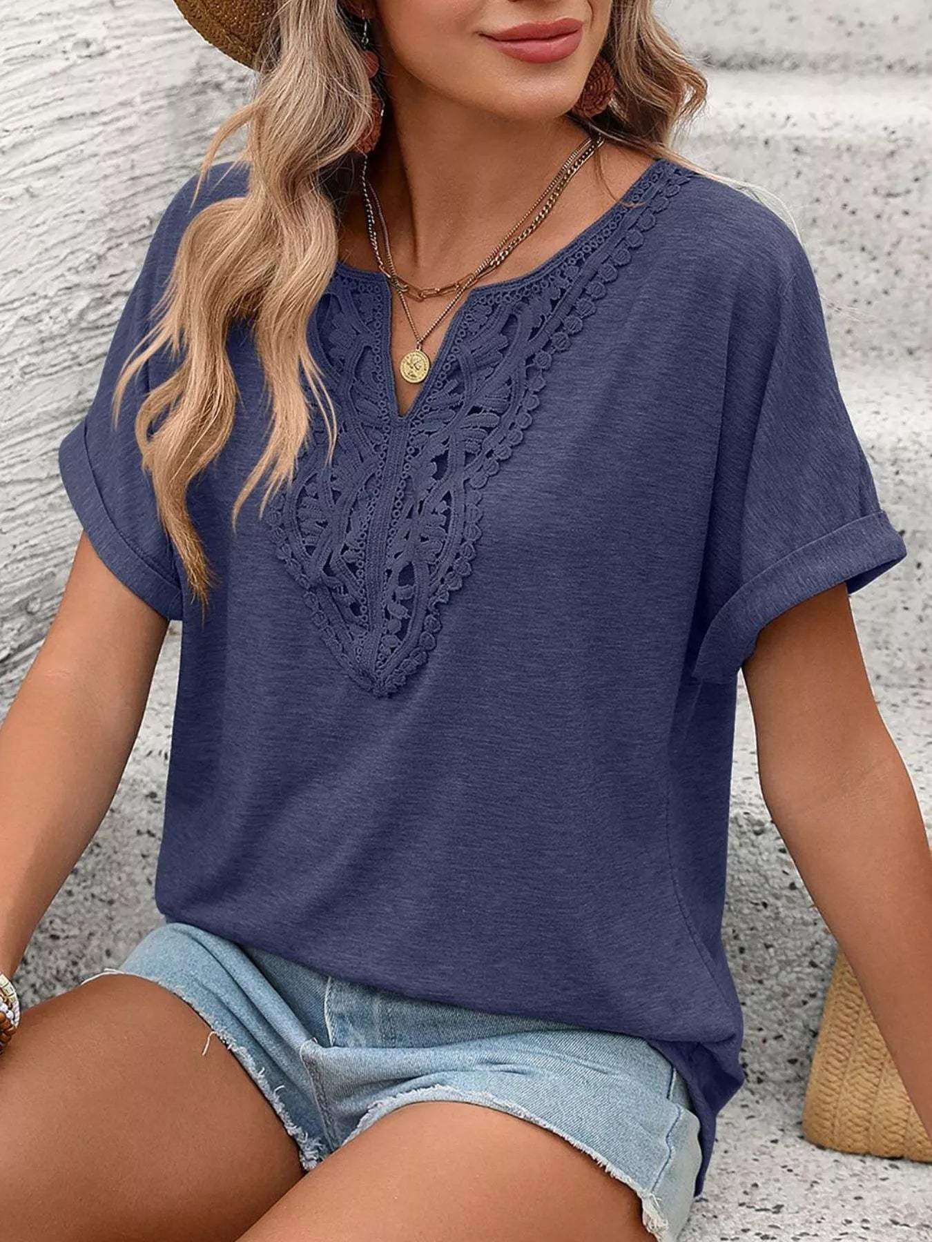 Lace Trim Short Sleeve T-Shirt - Trendsi - Flyclothing LLC