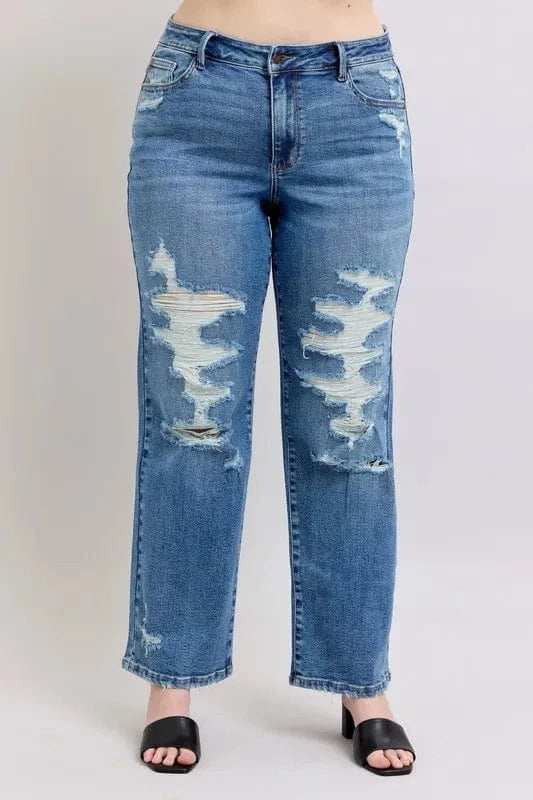Judy Blue Full Size High Waist Heavy Destroy Straight Jeans Plus Size - Trendsi - Flyclothing LLC