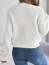 Cable-Knit Round Neck Drop Shoulder Sweater - Trendsi - Flyclothing LLC