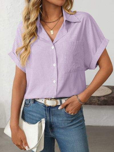 Mandy Pocketed Striped Collared Neck Short Sleeve Shirt - Trendsi - Flyclothing LLC