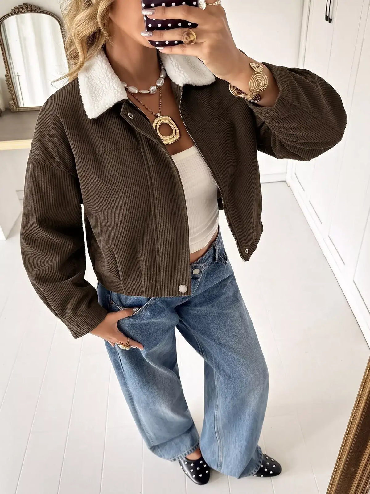 Contrast Sherpa Collar Corduroy Zip Up Jacket - Trendsi - Flyclothing LLC