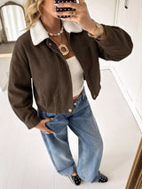 Contrast Sherpa Collar Corduroy Zip Up Jacket - Trendsi - Flyclothing LLC