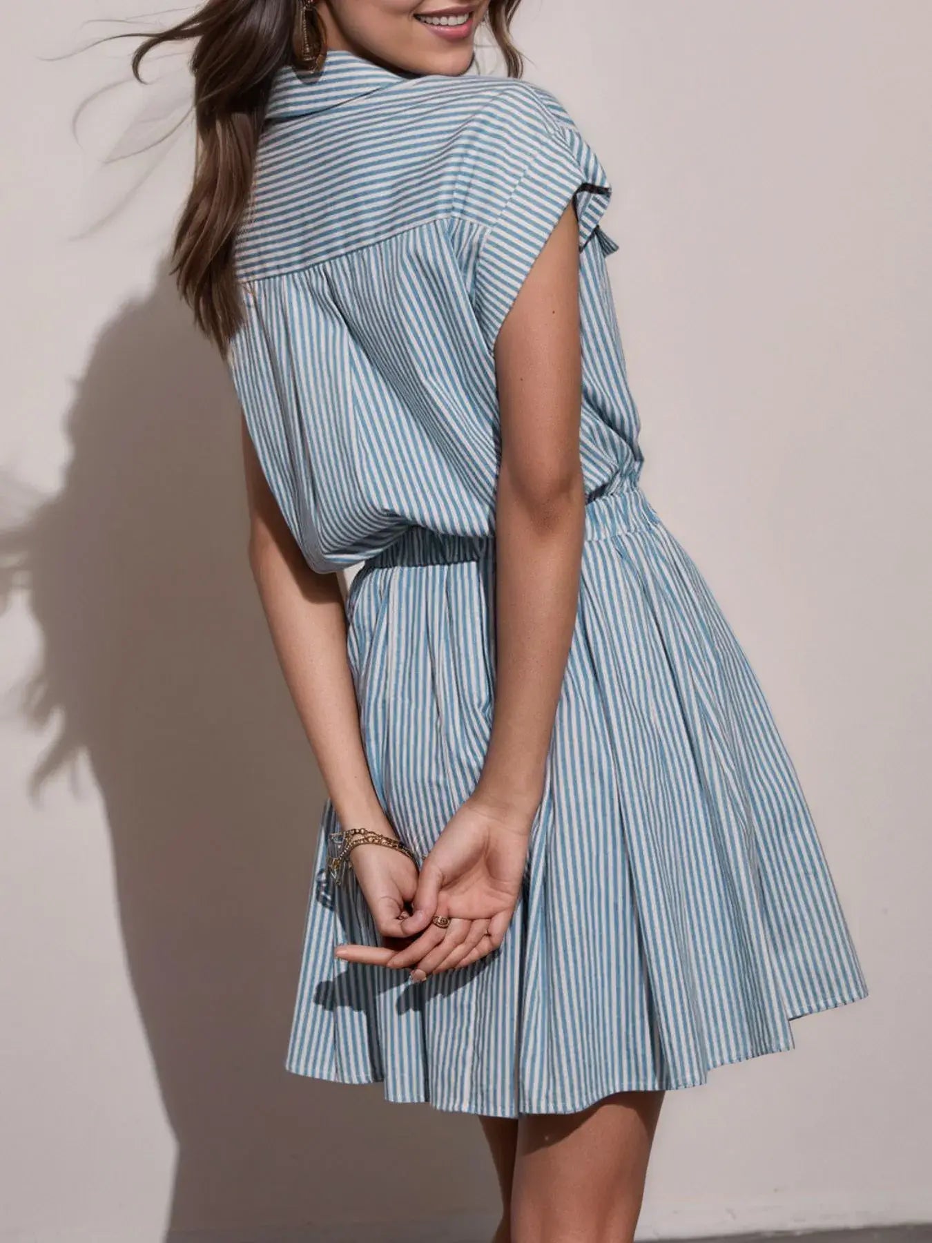 Hlaf Button Striped Cap Sleeve Mini Shirt Dress - Trendsi - Flyclothing LLC