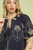Umgee Embroidered Palm Print Tassel Tie Blouse - Trendsi - Flyclothing LLC