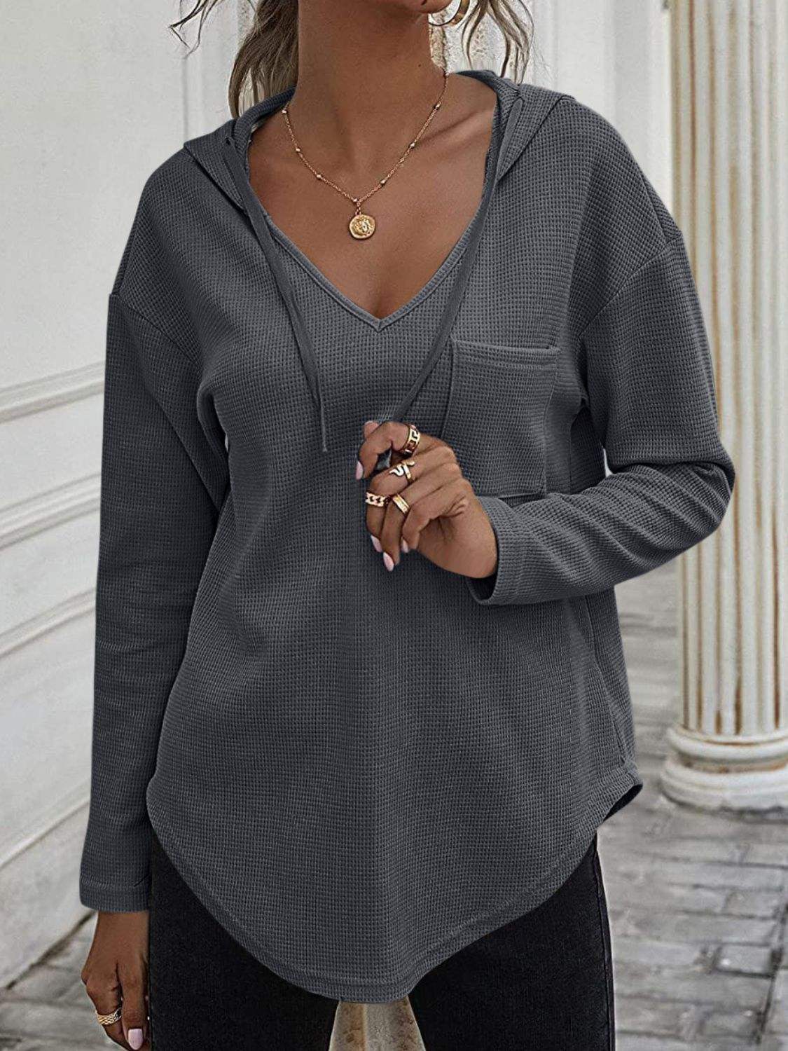 Drawstring Waffle Knit Long Sleeve Hooded Top - Trendsi - Flyclothing LLC