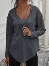 Drawstring Waffle Knit Long Sleeve Hooded Top - Trendsi - Flyclothing LLC