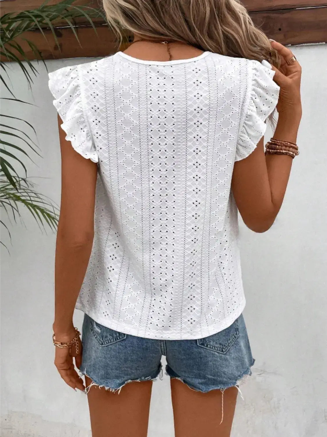 Eyelet Round Neck Cap Sleeve Top - Trendsi - Flyclothing LLC