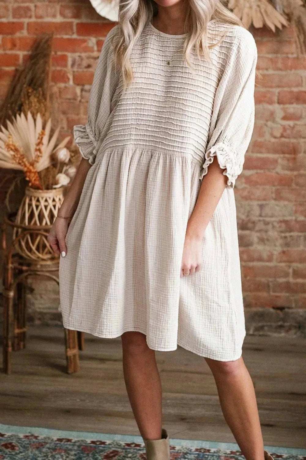 Textured Ruffled Puff Sleeve Loose Dress - Trendsi - Flyclothing LLC